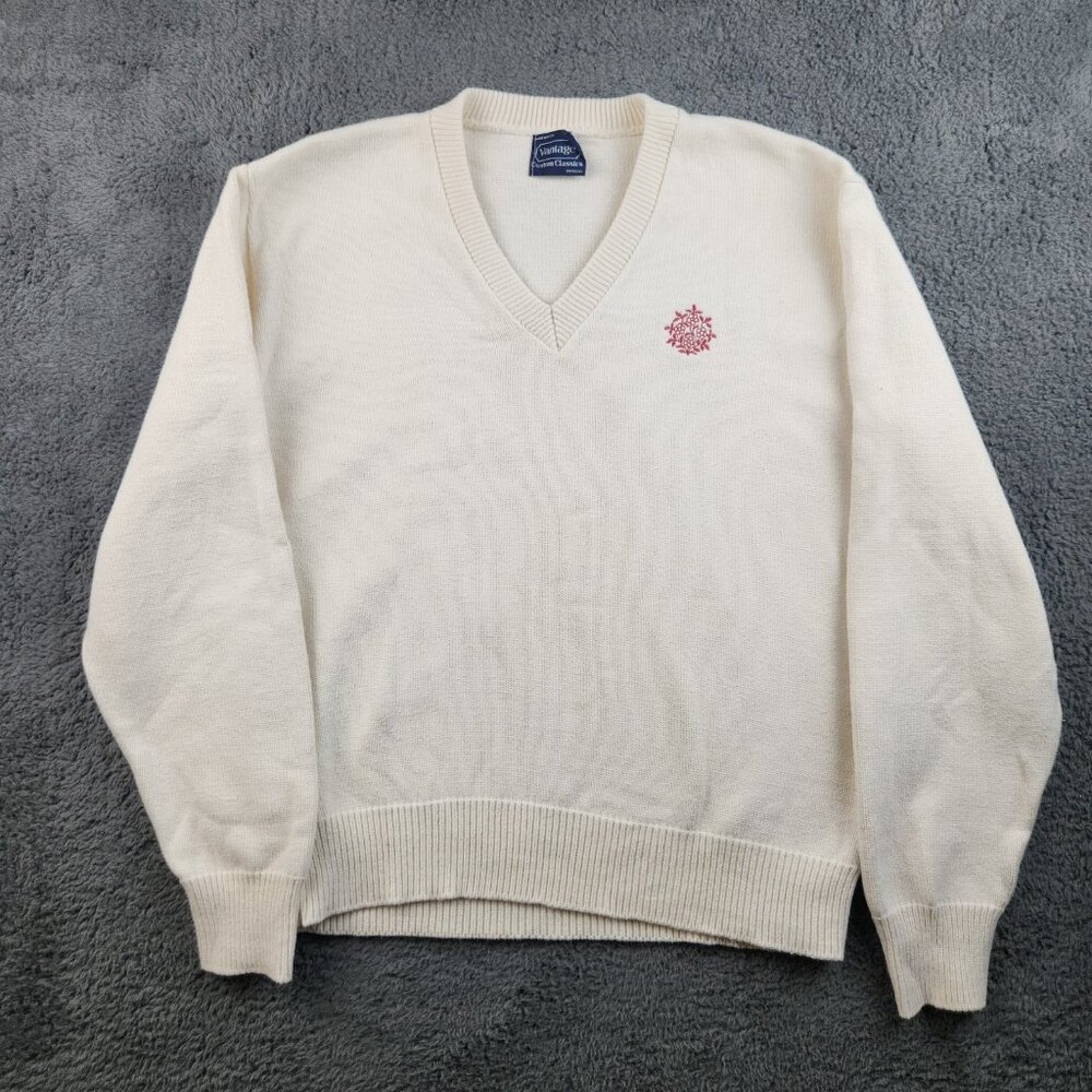 VTG Cotton Knit Sweater Women's Medium White Classic V-Neck Embroidered USA Made